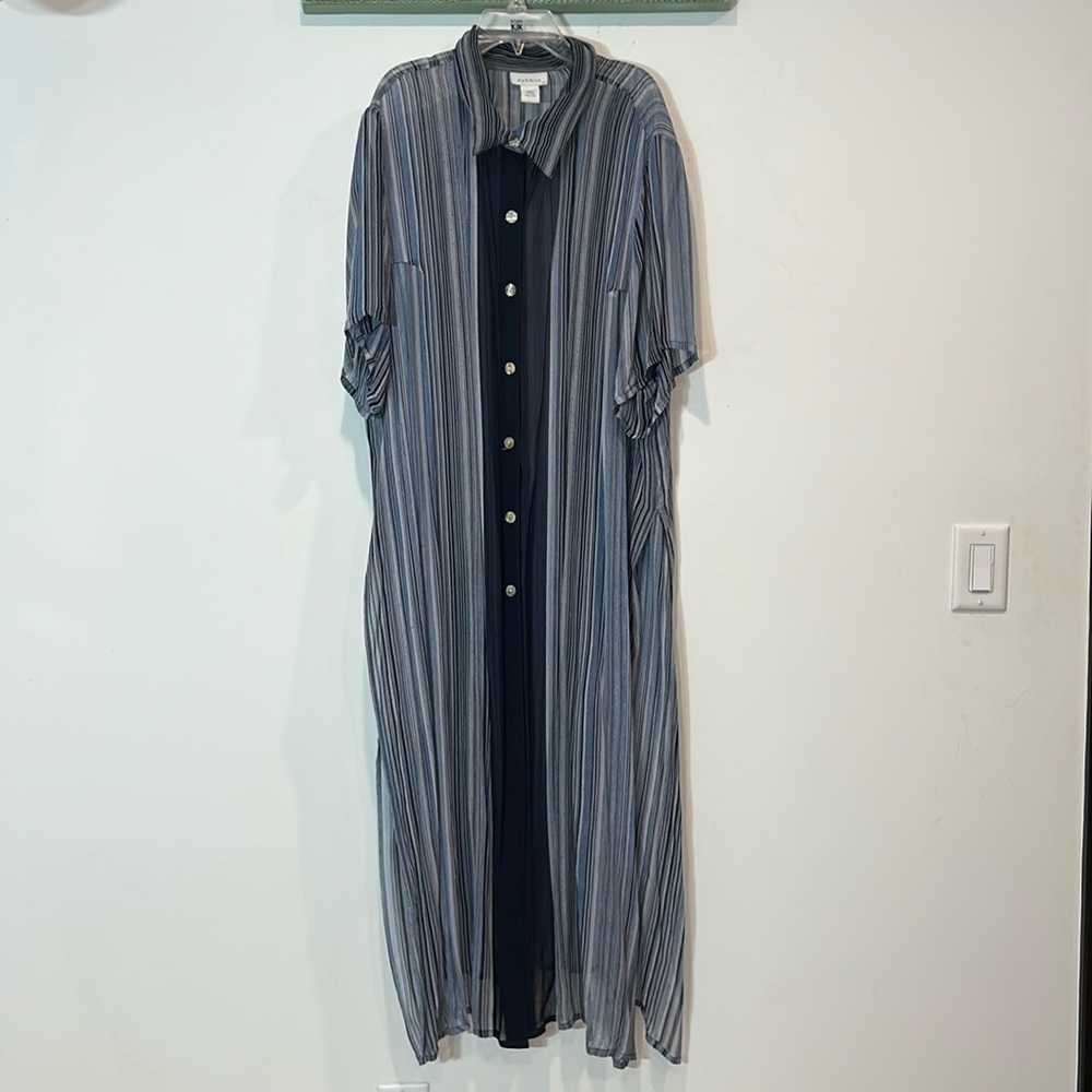 Avenue short sleeve maxi length striped sheer blue cover up shirt plus size 24